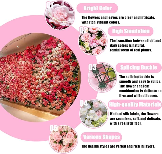 Flower Wall Backdrop, 12PCS 10.6"-15.7" Artificial Flower Wall Panel with Various Styles, 3D Floral Wall Decor for Wedding Photo Background Festive Party Home Decoration (I003, 15.7 * 15.7in)