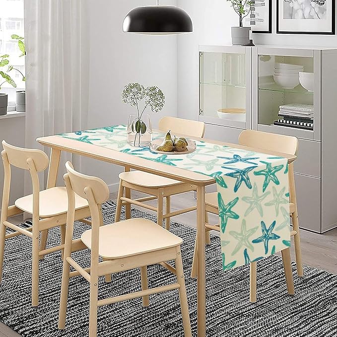 Starfish Plaid Table Flag Green Plaid and Marine Life Starfish Kitchen Table Flag Suitable for Birthday Party Restaurant Decoration Outdoor Picnic 13 * 108 Inch
