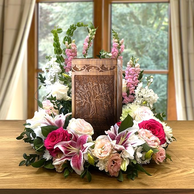 INTAJ Handcarved Wooden Cremation Urn for Human Ashes - Tree of Life Design, 115 lbs Capacity, Suitable for Adult Men and Women, Mom and Dad - Decorative Funeral Urn Box and Casket