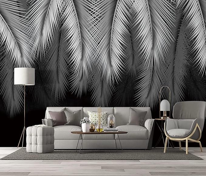 grey tropical botanical leaf wallpaper bedroom palm leave plant murals office modern black and white trendy room decor living room tv background large wall mural - 137"x96" Not Peel and Stick