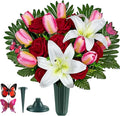 SUHOOKOO Artificial Cemetery Flowers for Outdoor Grave Decorations - Non-Bleed Colors, and Easy Fit - Pink Tulip，White Lily and Red Rose Bouquet