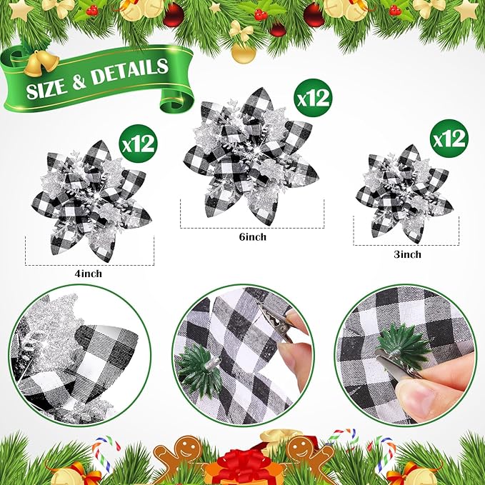 36 Pcs Christmas Glitter Artificial Poinsettia Flowers Xmas Poinsettia Artificial Wedding Flowers Decorations Xmas Tree Ornaments with Clips for Party, 6 Inch, 4 Inch, 3 Inch(Black, White, Silver)