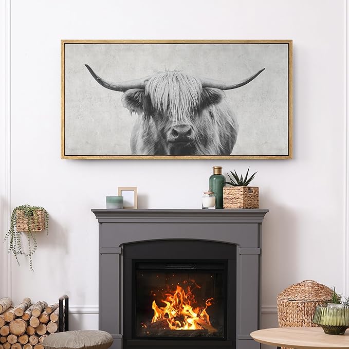 SIGNFORD Extra Large Framed Canvas Print Wall Art Highland Gentleman Portrait of a Highland Cow Illustrations Modern Art Relax/Calm Warm for Living Room, Bedroom, Office - 60"x30"