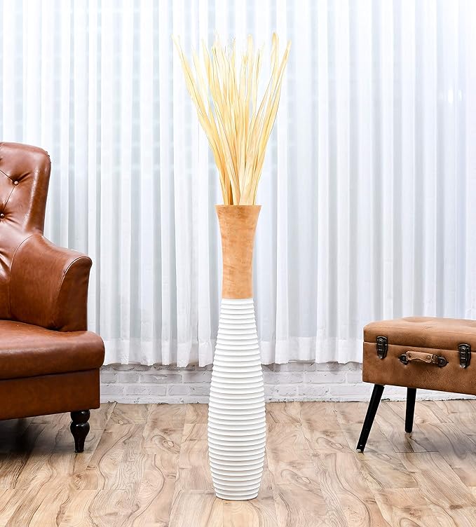 Leewadee Large Floor Vase – Handmade Flower Holder Made of Wood, Sophisticated Vessel for Decorative Branches and Dried Flowers, 36 inches, Ecru White