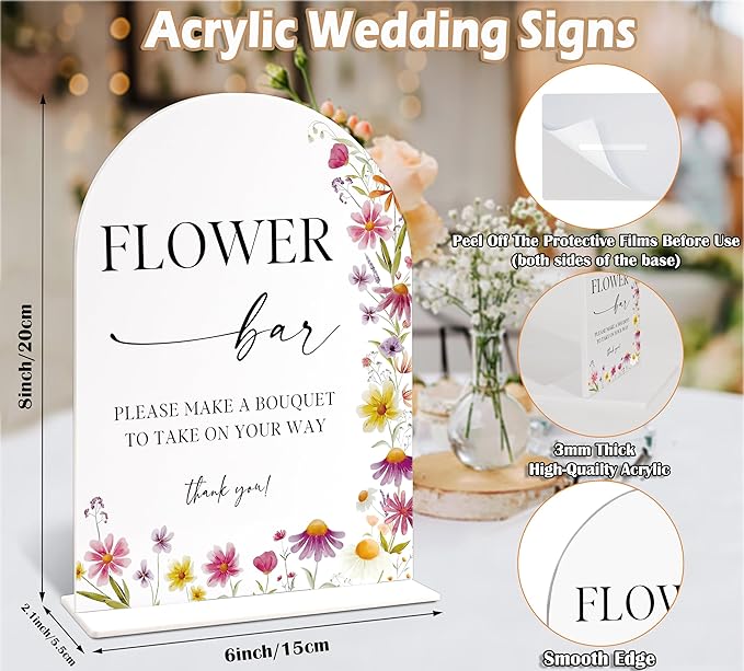 6x8" Flower Bar Sign for Wedding Table Decor, Wild Flower Arch Acrylic Wedding Signs for Reception, Floral Bridal Shower Engagement Party Decor for Baby In Bloom Baby Shower Decorations