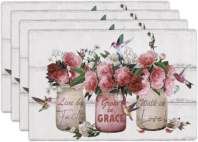 Rose Flower Placemats Set of 4 Farmhouse Peony Floral Table Mats Washable Place mats for Home Party Indoor Kitchen Dining Table Decoration 12x18 Inch
