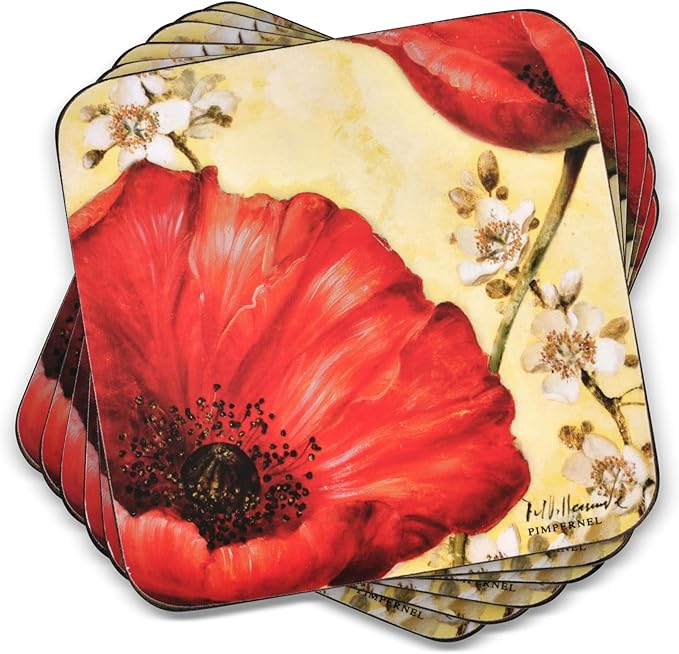 Pimpernel Red Poppy Blossoms Coasters, Set of 4 (4" x 4") – Cork-Backed Board with Bright Floral Artwork, Heat & Stain Resistant Drink Mats for Dining, Coffee Tables & Home Decoration