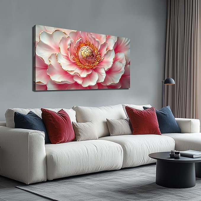 Pink & White Peony Floral Canvas Wall Art with Gold Accents, Abstract Flower Pictures for Living Room Bedroom Wall Decor, Horizontal Printed Painting Artwork Home Decorations, Size 48x24 Inches
