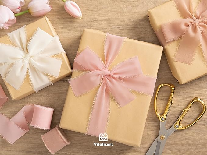 Vitalizart Blush Pink Handmade Chiffon Silk Ribbon Fringe 3 Rolls 1.5" x 21 Yd Frayed Edges Ribbons for Wedding Invitations Bridal Bouquets Gifts Wrapping Crafts Holiday Decor