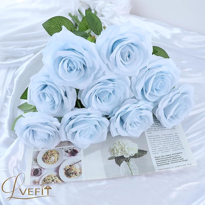 12pcs Artificial Rose Flower Ice Blue Rose Flower with Long Stem Silk Roses Bouquet for Wedding Bridal Shower Party Home Decoration