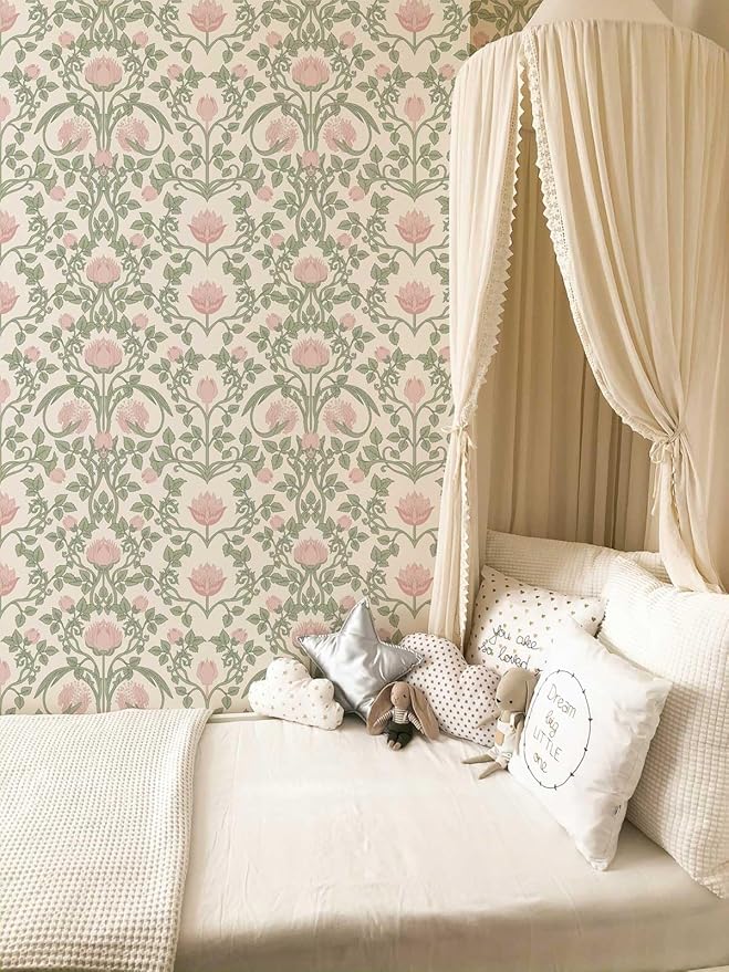 Floral Wallpaper Peel and Stick - 393.7" × 17.3" Pink and Green Wallpaper for Bedroom Decorative Self Adhesive Shelf Drawer Liner