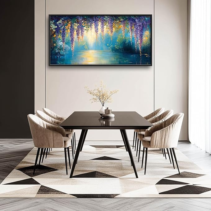 Wisteria Floral Large Wall Art Country Flower Pictures Wall Decor Lake Canvas Landscape Print Painting Modern Artwork Home Decoration for Living Room Bathroom Bedroom Office Framed 60"x30"
