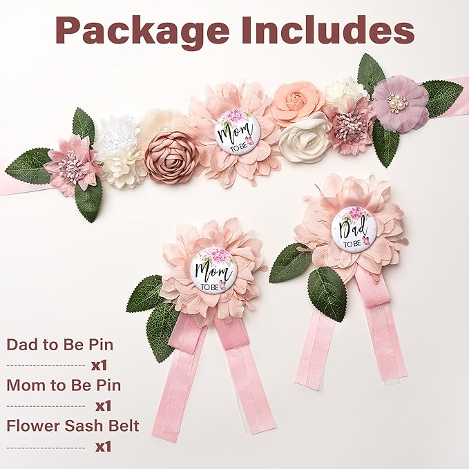 Baby Shower Maternity Sash Belly Belt-Pink Flower Sash Set Mom to Be & Dad to Be Corsage Pins for Gender Reveal