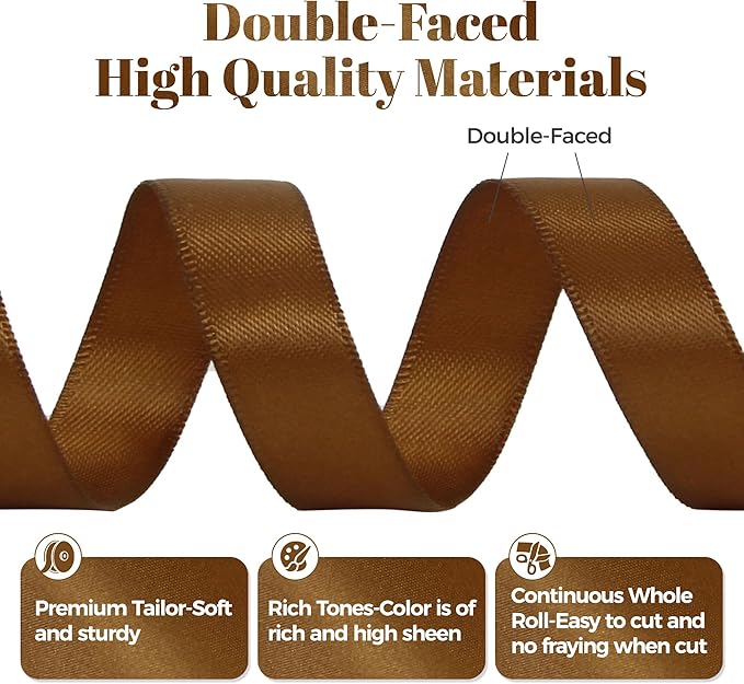 Antique Gold Satin Ribbon, Double Faced 5/8 Inch X 50 Yards Antique Gold Ribbon, Premium Satin Ribbon for Gift Wrapping, Crafts, Hair Bow Making, Sewing, Flower Bouquet, Wedding Party Decor