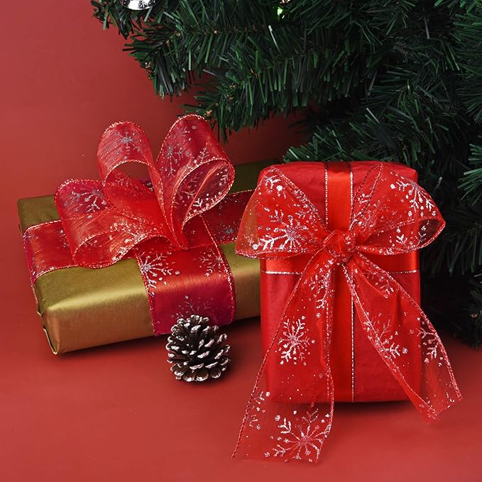 2.5 Inch Wide Christmas Wired Ribbon Snowflake Organza Sheer Glitter Ribbon for Xmas Tree, Wreath, Party Decoration, Gift Wrapping (Red, 21.9 Yards)