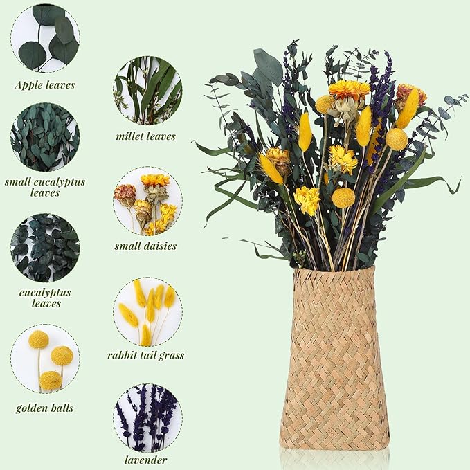 Mixed Dried Eucalyptus Stems with Lavender, Yellow Bunny Tails, Natural Preserved Botanicals for Home Decor Shower Bouquet Wedding
