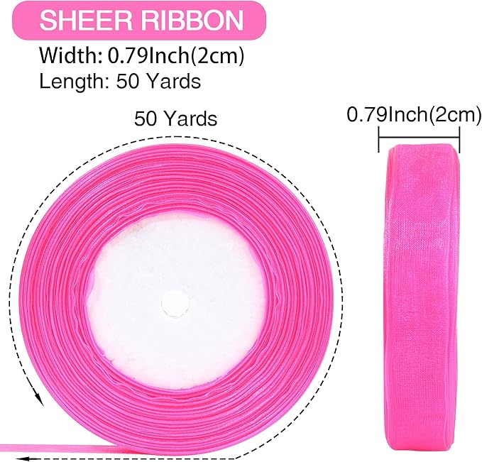 3/4 Inch x 50 Yards Sheer Organza Ribbon Chiffon Ribbon for Gift Wedding Flower Bouquet Wrapping Decorations Crafts (Hot Pink)