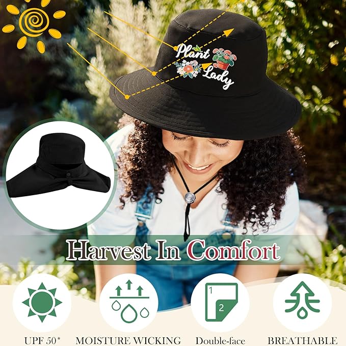 Garden Hats for Women Gardener Gifts Sun Protection Wide Brim Embroidered Hat with Neck Flap for Christmas Birthday