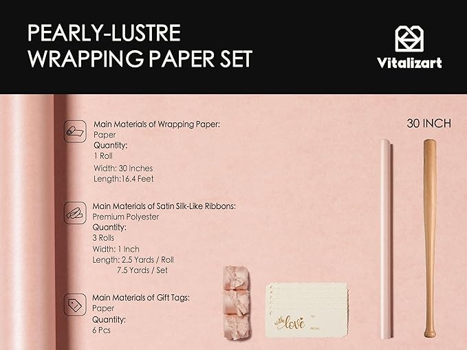 Vitalizart Pink Wrapping Paper Set 30" Pearly-Lustre With Silk Like Satin Ribbon & Gift Tags Recyclable Christmas Gift Wrapping Birthday Baby Shower Wedding Handmade Crafts 197"(16.4 Ft)
