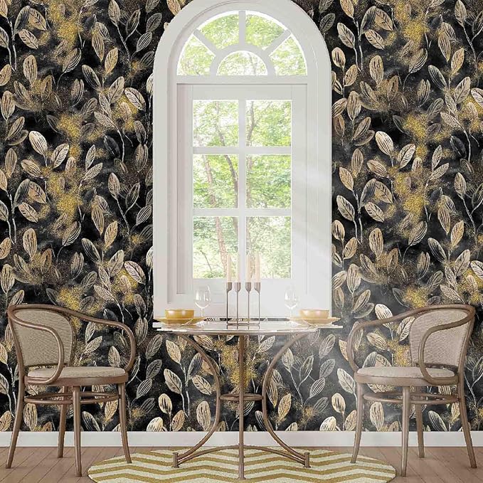 Modern Black and Gold Floral Leaf Peel and Stick Wallpaper Removable Dark Art Deco Self Adhesive Vinyl Contact Wall Paper for Bathroom Renter Friendly Wallpaper 17.7" X 124"