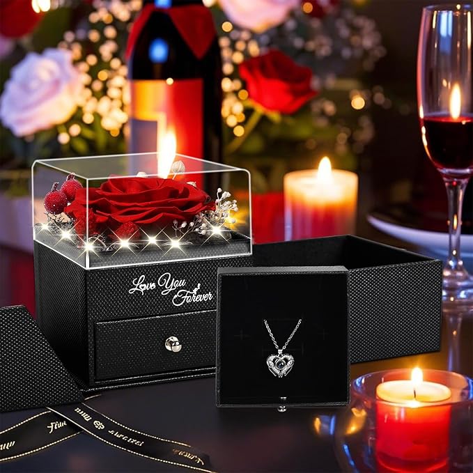 FIACO Gifts for Women Preserved Real Roses with I Love You Necklace Fresh Forever Flowers Birthday Gifts for Mom Grandma Wife Girlfriend on Anniversary Christmas Valentines Romantic Gift