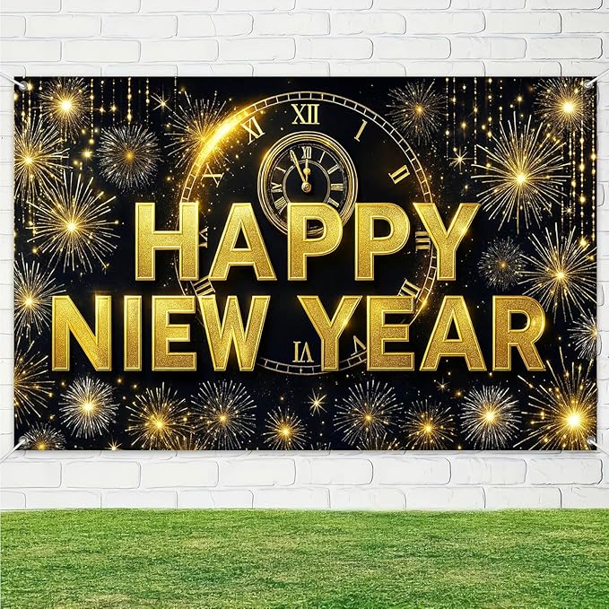 Happy New Year 2026 Banner 71x43 Inch Gold Clock Fireworks Party Backdrop Countdown Celebration Wall Decoration Holiday Photo Background for Indoor New Year Event Display