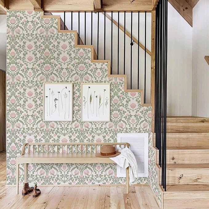 Floral Wallpaper Peel and Stick - 393.7" × 17.3" Pink and Green Wallpaper for Bedroom Decorative Self Adhesive Shelf Drawer Liner