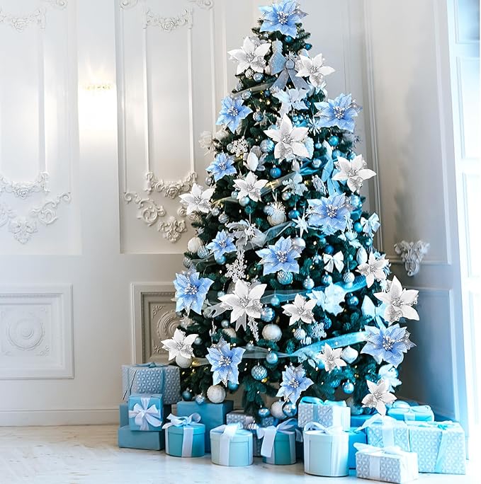 Boao 24 Pieces Christmas Artificial Glitter Poinsettia Flowers Xmas Flowers Wedding Christmas Tree New Year Ornaments (Sky Blue and Silver)