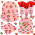 350 PCS Strawberry Party Decor Supplies, Disposable Pink Paper Plates Napkins Knives Forks Cups Dinnerware Set, Sweet Tableware Kit for Baby Shower Girl Birthday Party Christmas Decor, Serves 50