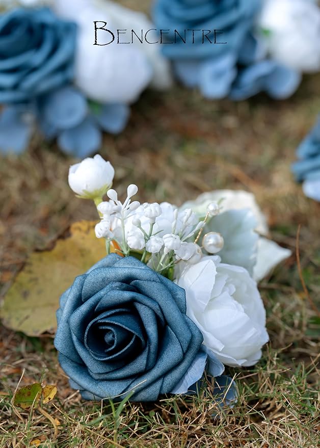 Dusty Blue Corsages for Wedding(Set of 6),Corsages for Prom,Party Prom Hand Flower Decor,Mother of The Bride Corsage,Bridesmaid Wrist Corsage