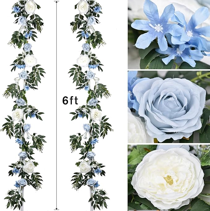 Lvydec 2 Pack Artificial Peony Flower Garland - 6ft Silk Peony Vine Willow Leaves Garland Blue and White Arch Flower Vine for Wedding Party Table Decoration (Blue)