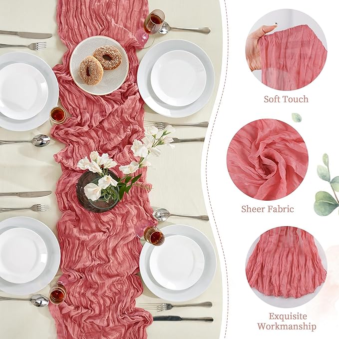 Cheesecloth Table Runner 10FT Long Boho Gauze Table Runner Rustic Sheer Runner for Wedding Bridal Baby Shower Birthday Party Table Decor Thanksgiving Christmas Decorations (12pcs, Rose)