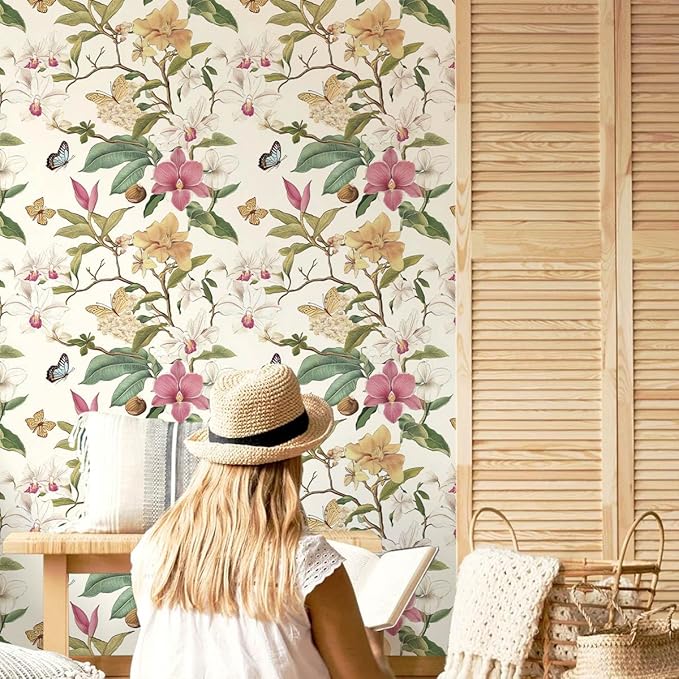 Vintage Floral Peel and Stick Wallpaper Floral Contact Paper 16.9inchx118.1inch Multicolor Flowers Butterfly Wallpaper Leaf Boho Self Adhesive Removable Wall Paper for Bedroom Decorative