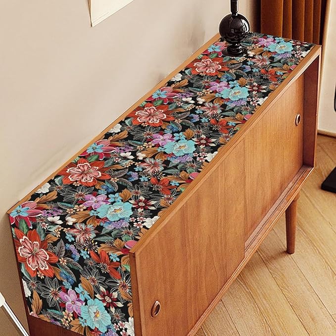 Floral Table Runner, Vintage Colorful Flower Bohemian Floral Print Table Center Decor for Family Kitchen Table Decorations Indoor Outdoor 13x108 inch