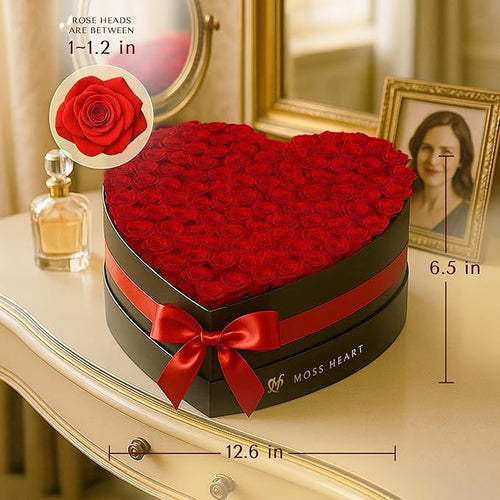100 Preserved Roses, Forever Flowers for Delivery in Designer Heart-Shaped Box, Petite Long-Lasting Buds for Women, Eternal Rose Bouquet for Mothers Day, Girlfriend's Birthday