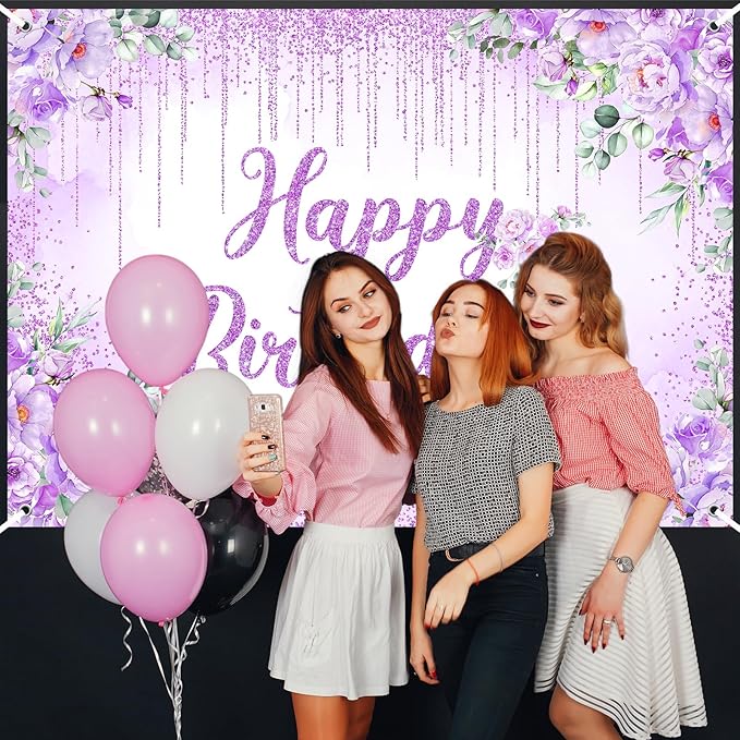 Avezano Happy Birthday Backdrop Banner for Girls Women Happy Birthday Party Decorations Floral Glitters Bday Banner Party Supplies (Purple, 7x5ft)