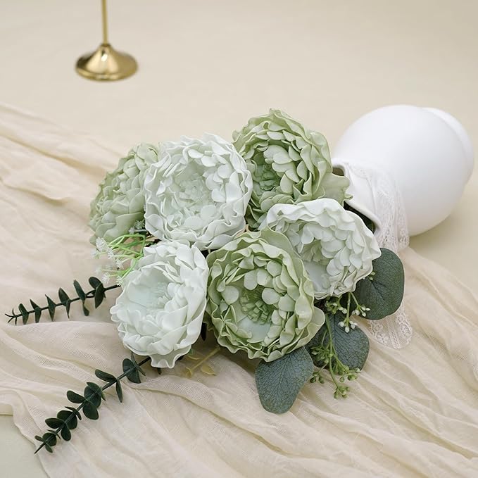 Artificial Flowers, 16pcs Artificial Roses for DIY Wedding Bouquets Centerpieces Arrangements, Sage Green Peonies Flowers with Stem for Bridal Shower Party Home Decorations