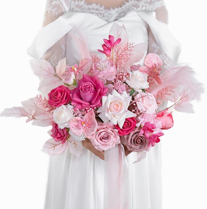 Hot Pink Bridal Bouquets for Bride,14 Inch Wedding Bouquets, for Wedding Ceremony, Anniversary, Party and French Rustic Vintage Wedding,Artificial Flowers