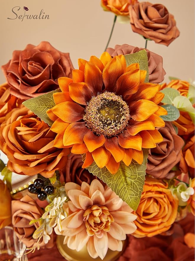 Serwalin Sunflower Artificial Flowers Burnt Orange Fall Flowers Fake Cake Flowers for DIY Wedding Bridal Bouquet Centerpieces Floral Arrangement Fall Decor Baby Shower Home Decor