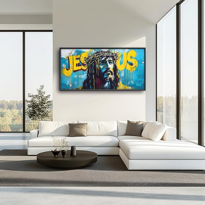 Banksy Jesus Large Wall Art Graffiti Framed Wall Decor for Living Room Pop Street Pictures Oversized Canvas Print Painting Modern Extra Large Framed Artwork for Bedroom Office 60"x30"