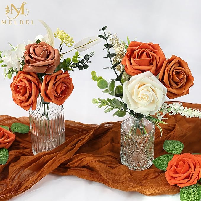Meldel Artificial Flowers 50pcs Real Looking Orange Foam Fake Roses with Stems for DIY Wedding Bouquets Bridal Shower Centerpieces Floral Arrangements Home Decorations Bulk Rose