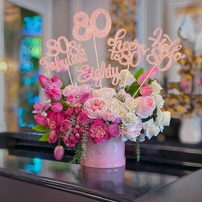 Gyufise 15Pcs 80th Birthday Centerpiece Sticks Eighty Happy 80th Table Flower Centerpieces Sticks Cheers to 80 Floral Decorations for 80th Birthday Party Centerpieces Supplies Rose Gold