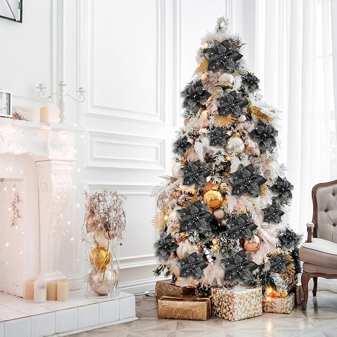 Boao 24 Pieces Christmas Artificial Glitter Poinsettia Flowers Xmas Flowers Wedding Christmas Tree New Year Ornaments(Black)