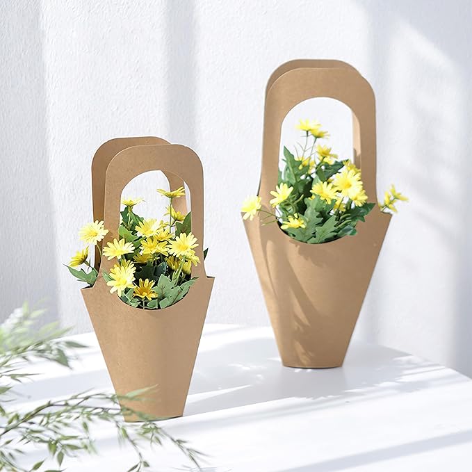 Lesnala 16Pcs Kraft Paper Flower Gift Bags with Handle Cone Shaped Bouquet Basket for Wedding Birthday Valentines Day Bar Shop Wrapping Supplies
