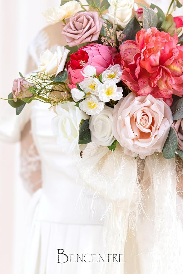 14 Inch Blush Wedding Bouquet for Bride,Spring Wedding Bouquet,hot pink Bridal Bouquets for Bride, for Wedding Ceremony Anniversary,Party and French Rustic Vintage Wedding,Artificial Flowers