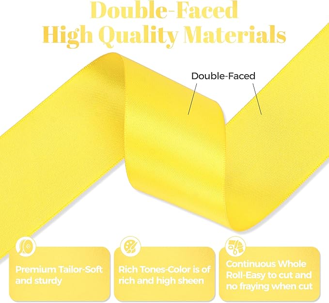 Daffodil Yellow Satin Ribbon, Double Faced 1-1/2 Inch X 50 Yards Daffodil Ribbon, Premium Satin Ribbon for Gift Wrapping, Crafts, Hair Bow Making, Sewing, Flower Bouquet, Wedding Party Decor