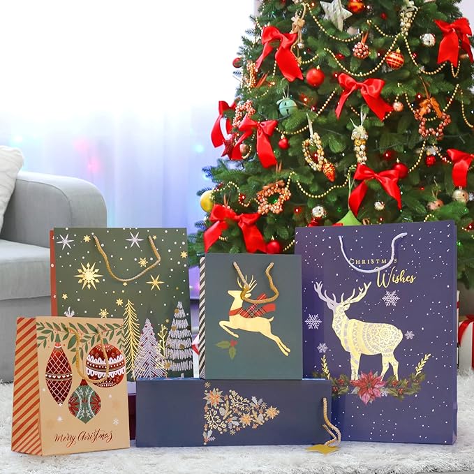 Smarimple Christmas Gift Bags 16 PCS Christmas Bags Bulk Assorted Sizes with Handles and 12 Sheet Tissue Papers 16 Holiday Designs 3 Jumbo 5 Large 6 Medium 2 Wine Bags for Xmas Holiday Present