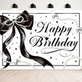 Black Bow Happy Birthday Banner Backdrop 7Wx5H Photography Black White Pearls Bowknot Balloons Girly Female Background Aesthetic Pretty Bday Party Decorations Banner Photo Booth Props Supplies