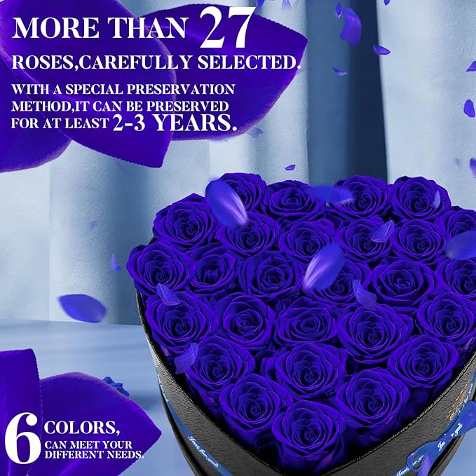 Preserved Rose in Heart Shape Box, 27 Forever Flowers, Eternal Roses, Birthday Gifts for Women, Wife, Her, Mother's Day, Blue