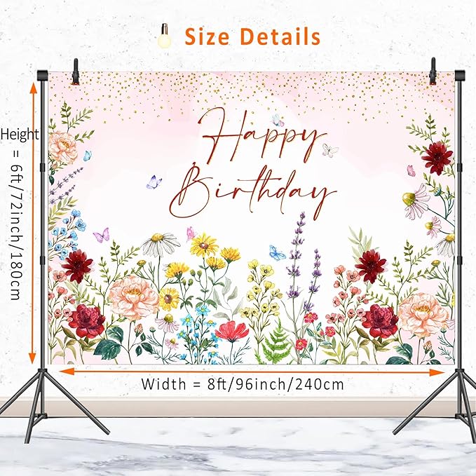 Wildflower Happy Birthday Backdrop Banner Girls Floral Birthday Decorations,Spring Watercolor Wildflower Bday Background Women Girls Wild Flowers Theme 1st Birthday Party Decor Photo Booth Props 8x6ft